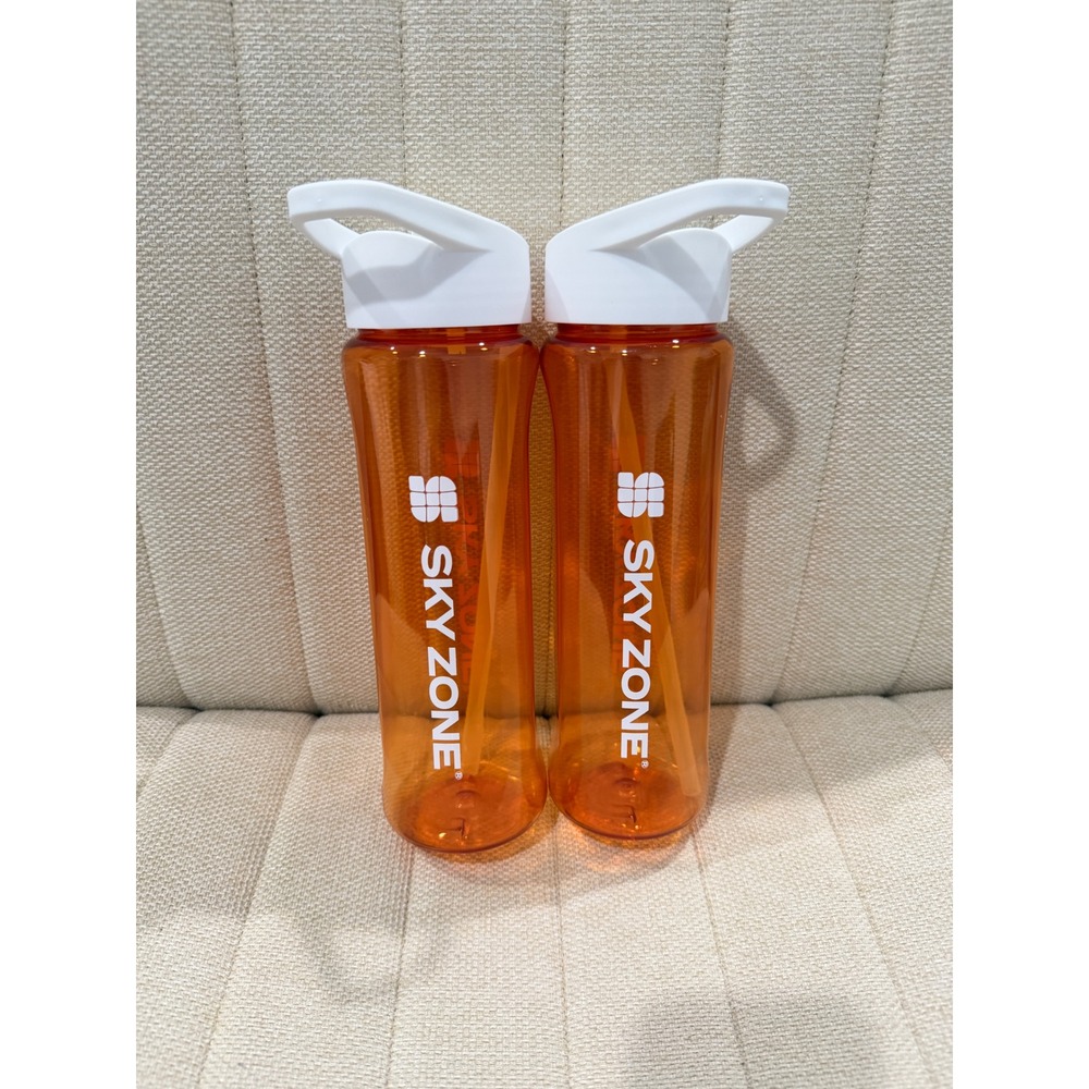 Sky Zone Water Bottle Set of 2 Orange Reusable Sports Bottles with Straw Lid